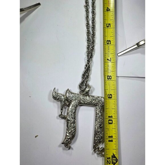 Vtg AJ Silver tone Chai Pendant Necklace Floral scrolling religious spiritual - Picture 5 of 5